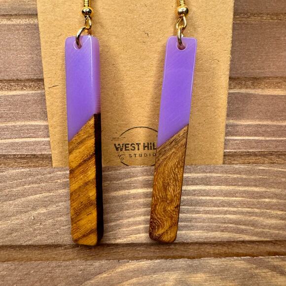 West Hills Studio Jewelry - Purple Earrings Resin Wood Earrings Dangle Boho Earrings Fast Ship NEW